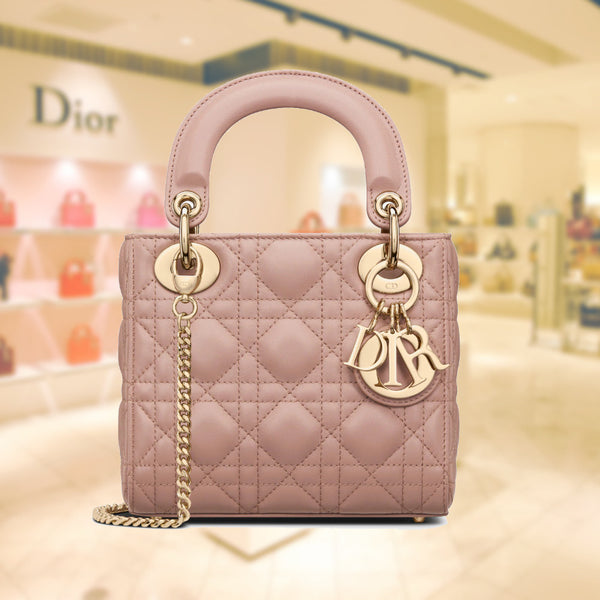 【無料郵送/関税込/正規品】 Dior Mini Lady Bag Pink M0505ONGE Mini Lady Dior Bag Pink Metallic Cannage Calfskin | DIOR