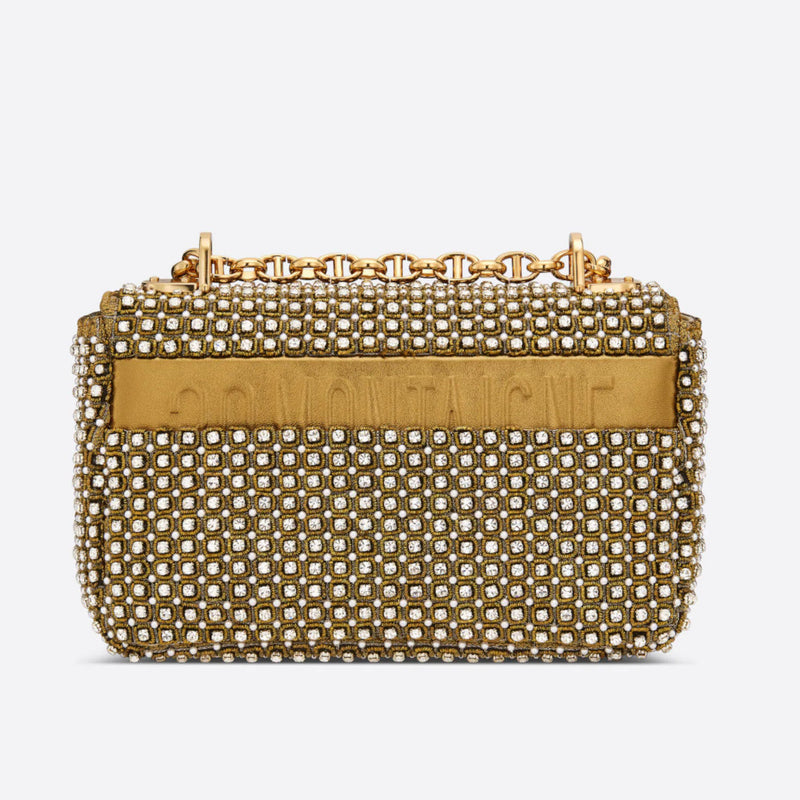 Small Dior Caro Bag Gold-Tone Square-Pattern Embroidery Set with Strass and  White Round Beads