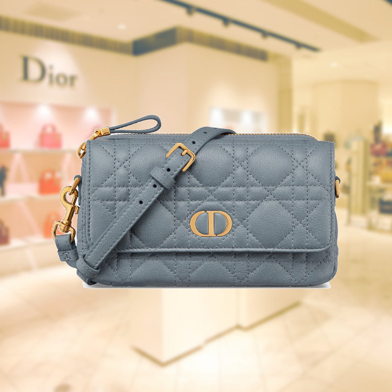 Large Dior Caro Daily Pouch Cloud Blue Supple Cannage Calfskin