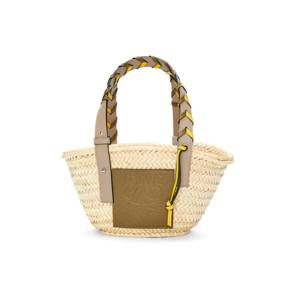 Small Basket bag in palm leaf with a braided handle in calfskin