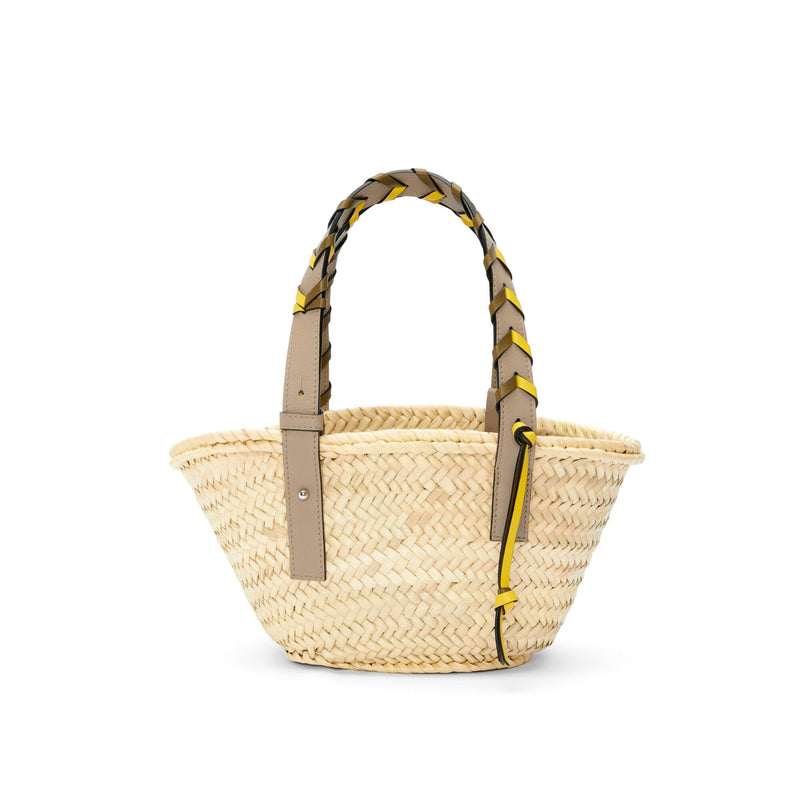 Small Basket bag in palm leaf with a braided handle in calfskin