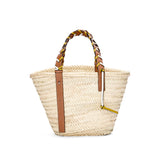 Basket bag in palm leaf with a braided handle in calfskin