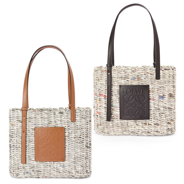 Small Newspaper Square Basket bag in paper and calfskin