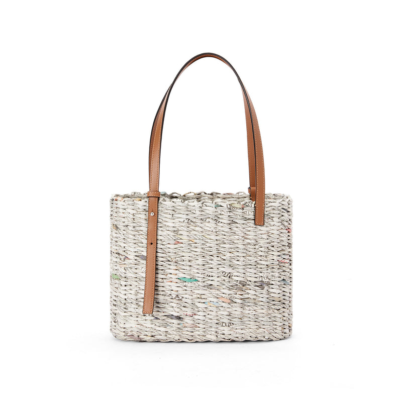 Small Newspaper Square Basket bag in paper and calfskin