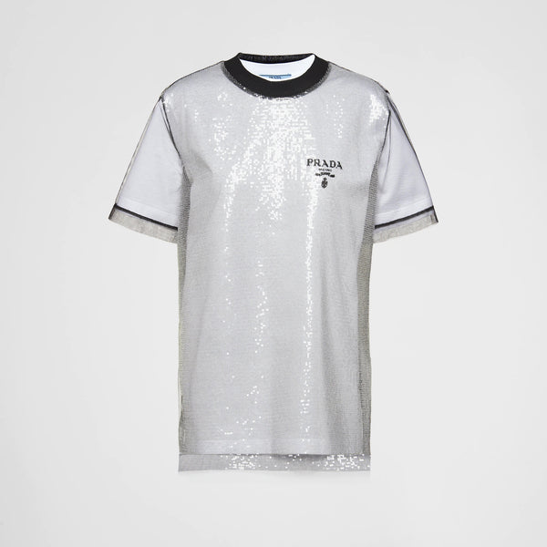 Sequin-embroidered tulle and jersey T-shirt