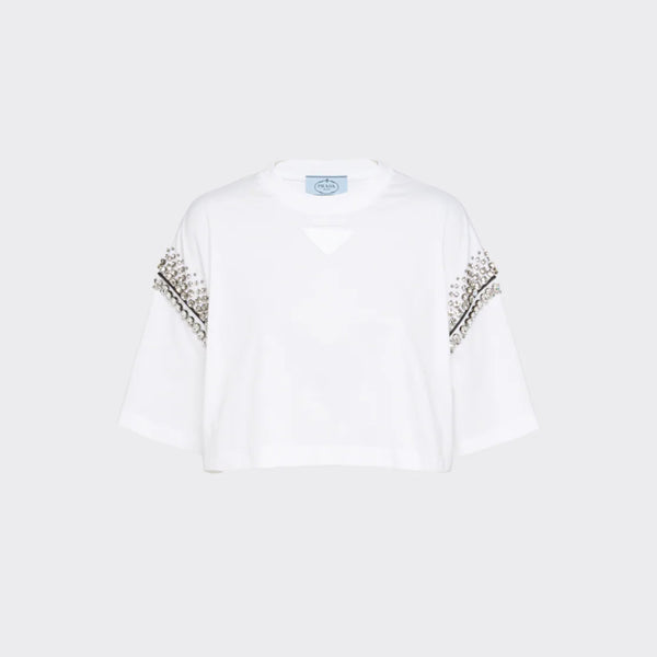 Cropped studded jersey T-shirt