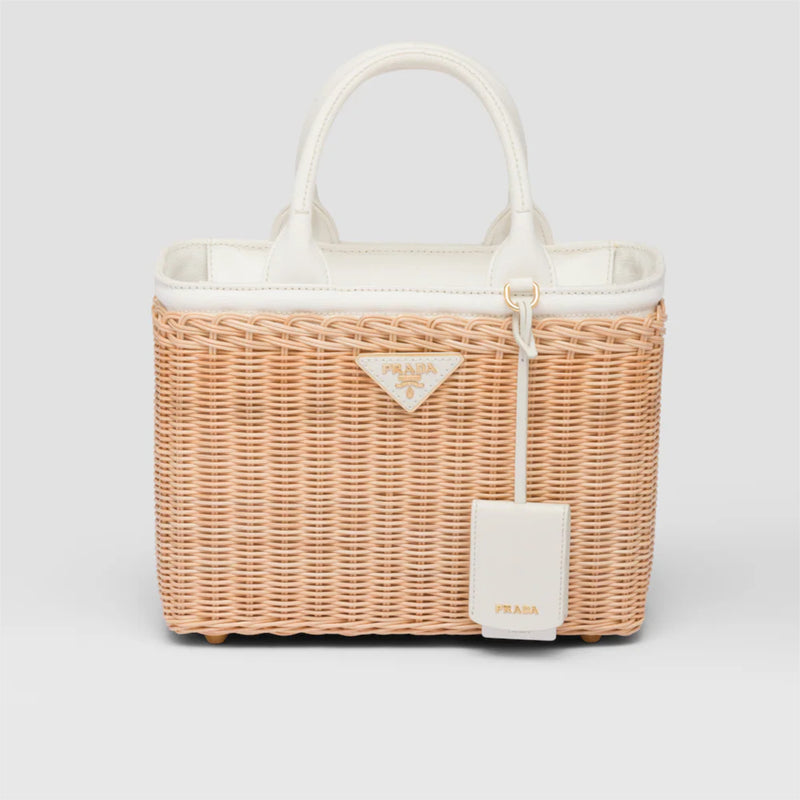 Wicker and canvas tote bag