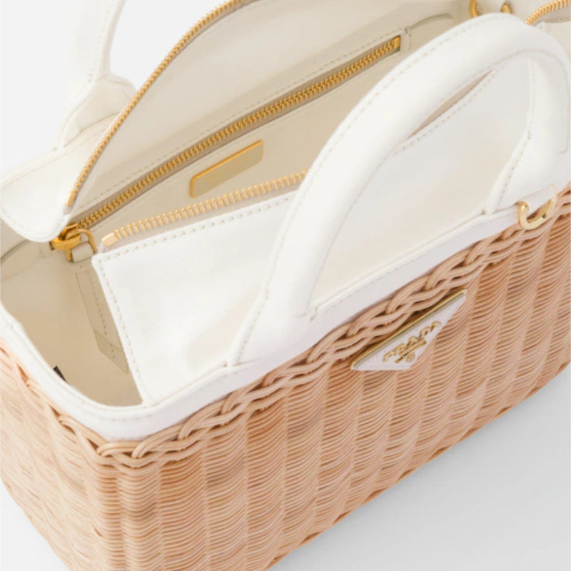 Wicker and canvas tote bag