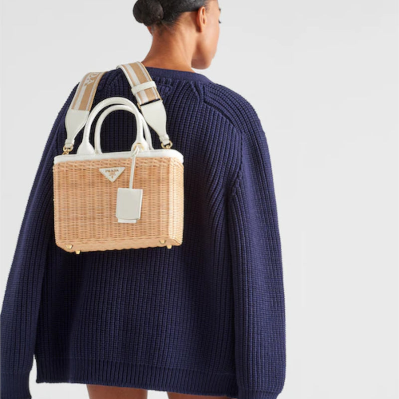 Wicker and canvas tote bag