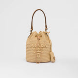 Raffia and leather mini bucket bag