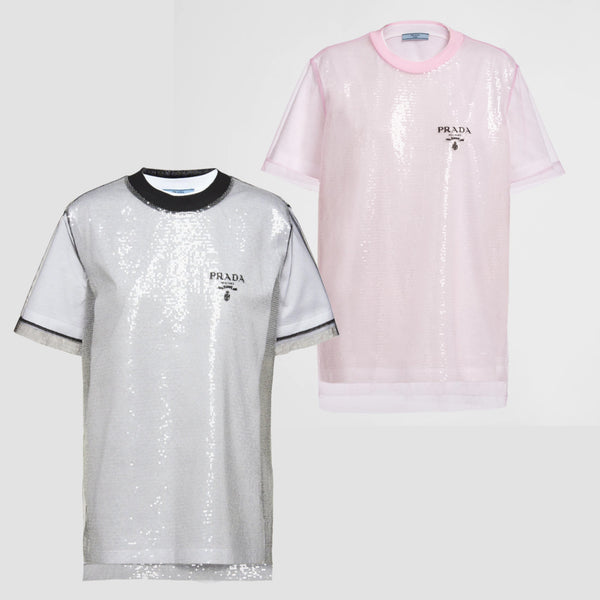 Sequin-embroidered tulle and jersey T-shirt