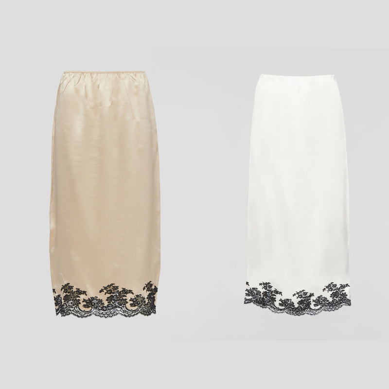 Satin crepe and lace midi-skirt