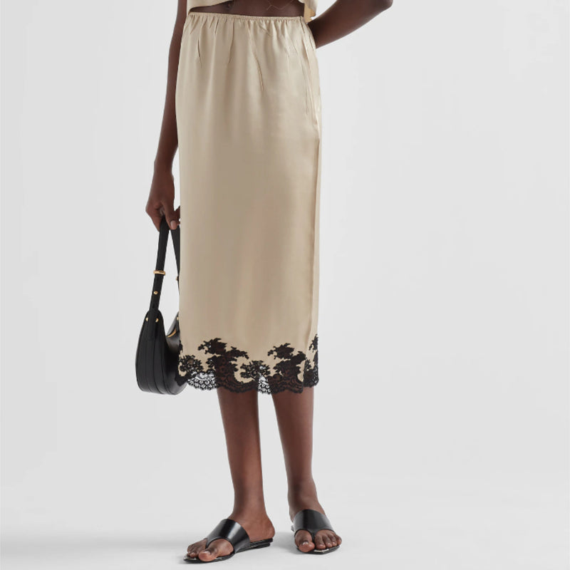 Satin crepe and lace midi-skirt