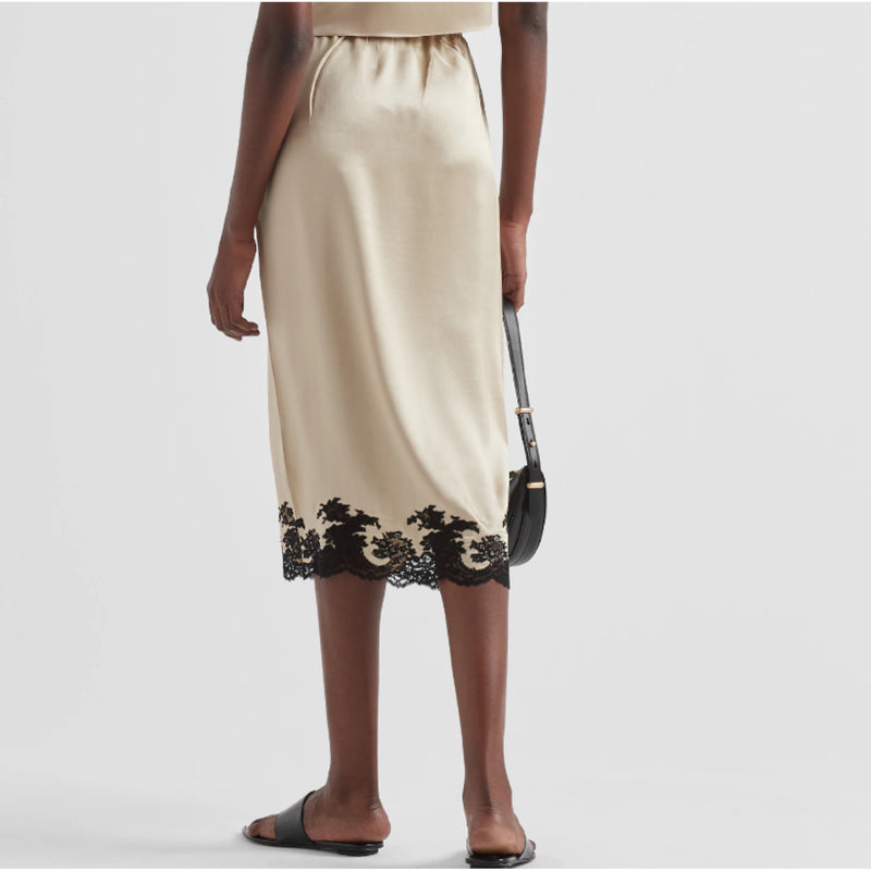 Satin crepe and lace midi-skirt