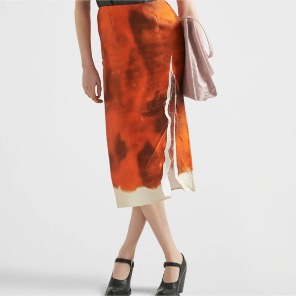 Printed satin midi skirt with slit