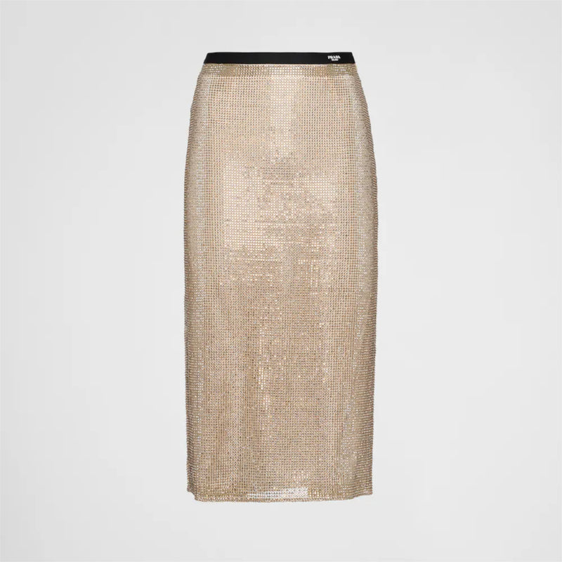 Embroidered rhinestone mesh midi-skirt