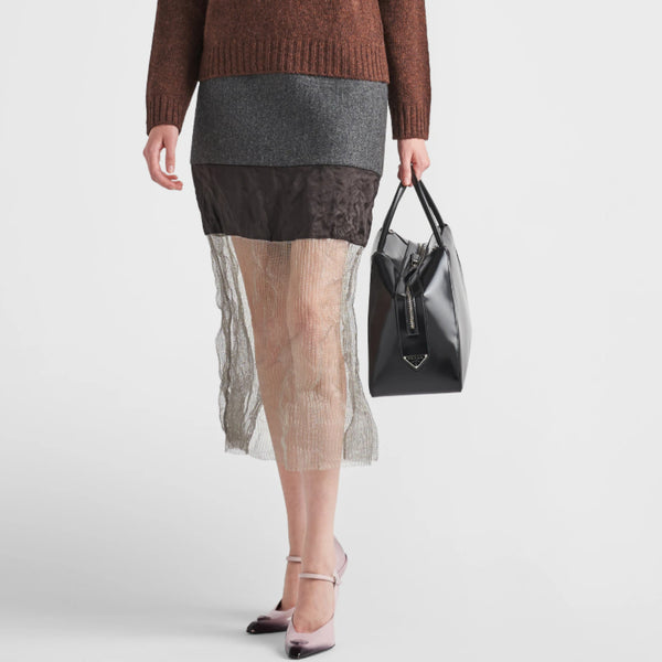 Cloth and mesh midi-skirt