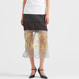 Embroidered cloth and mesh midi-skirt