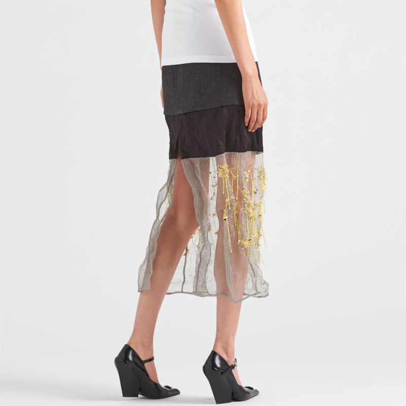 Embroidered cloth and mesh midi-skirt