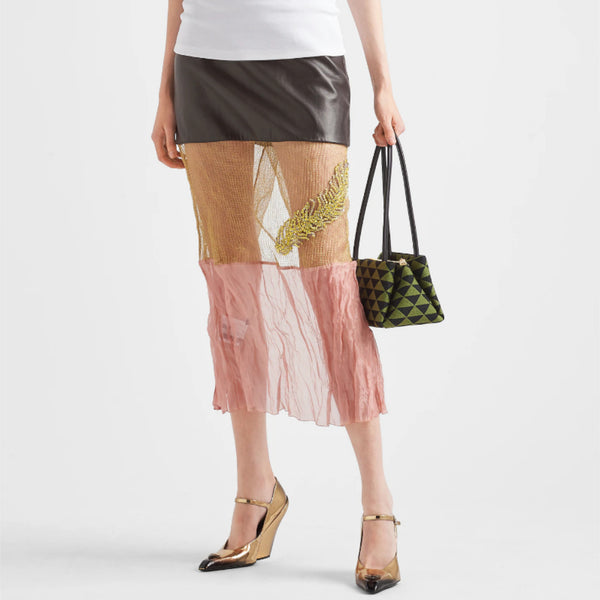 Embroidered mesh and leather midi-skirt