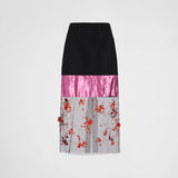 Embroidered cloth and satin midi-skirt
