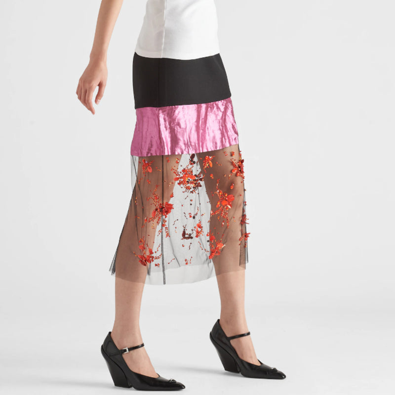 Embroidered cloth and satin midi-skirt