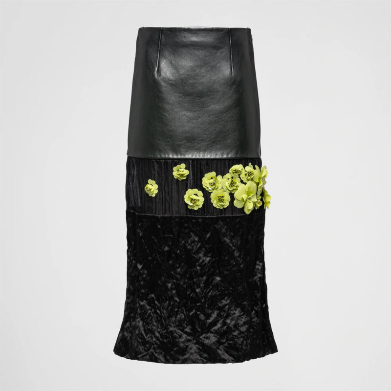 Embroidered corded fabric and leather midi-skirt