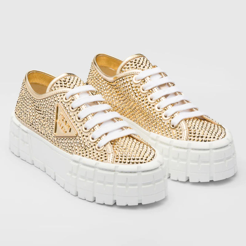 Satin and leather sneakers with crystals