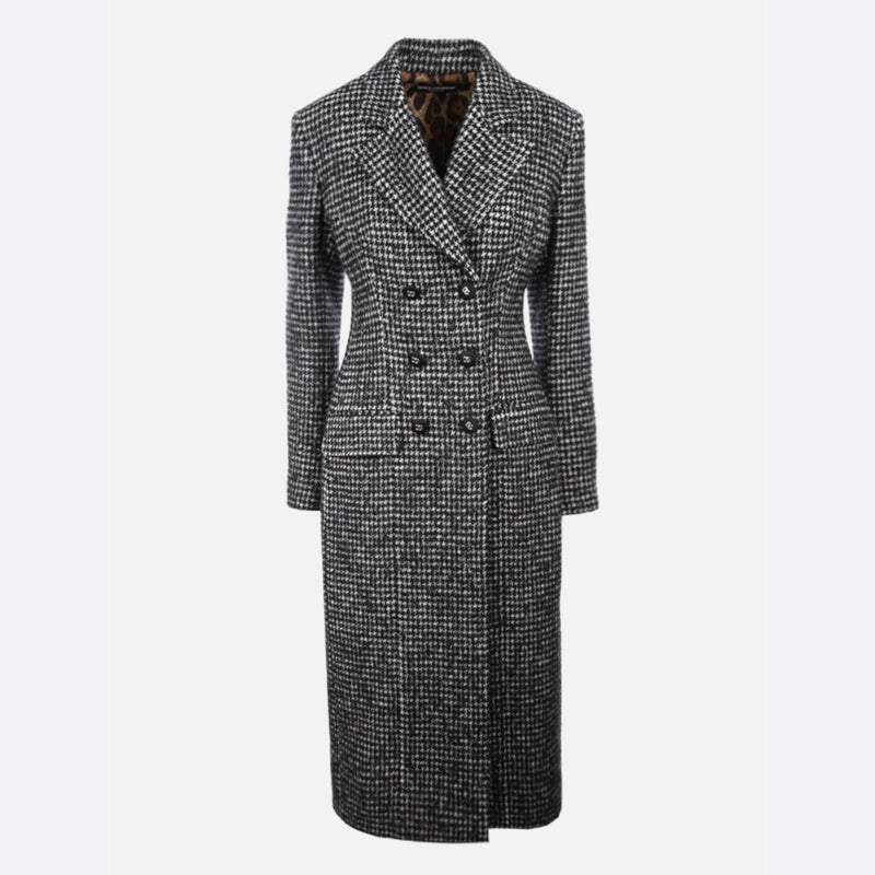 DOUBLE-BREASTED HOUNDSTOOTH WOOL BLEND COAT
