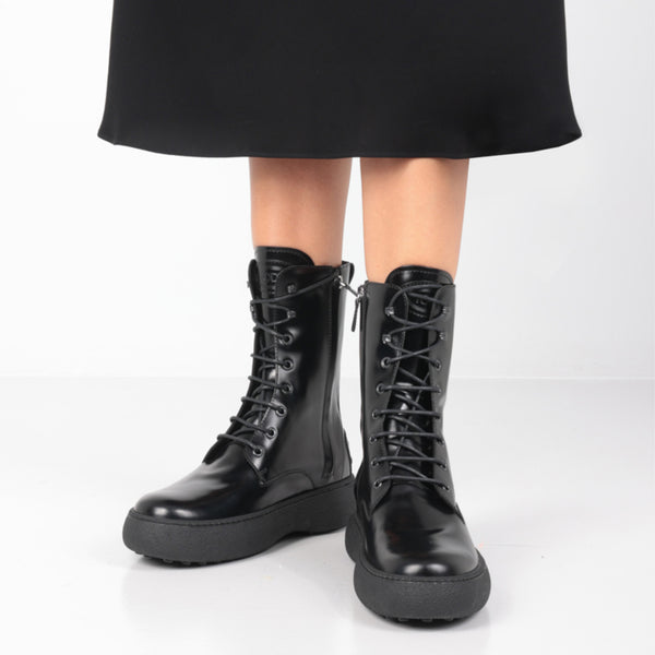 TOD'S W. G. SHINY LEATHER COMBAT BOOTS